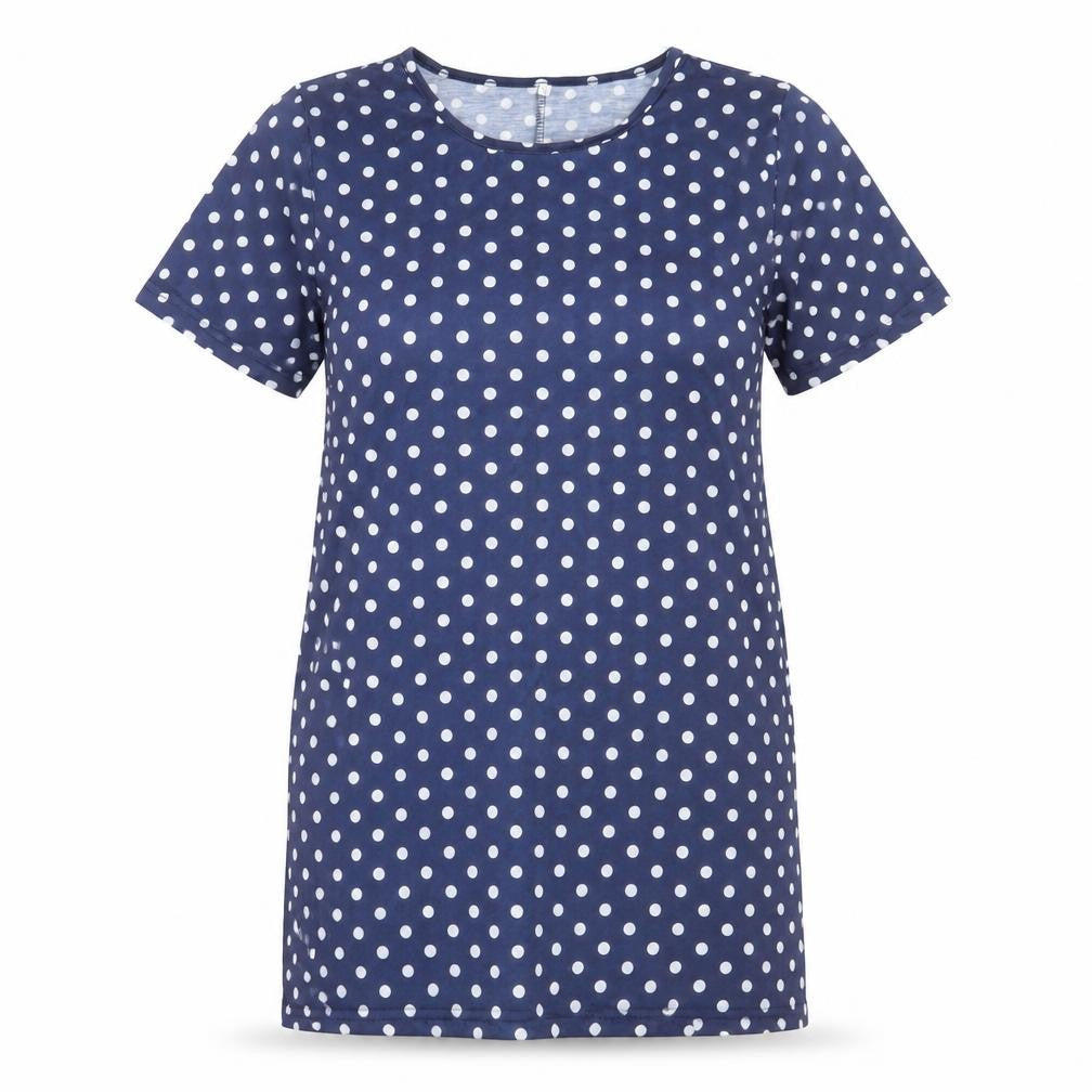 Front view of women’s blue polka dot t-shirt dress, size S