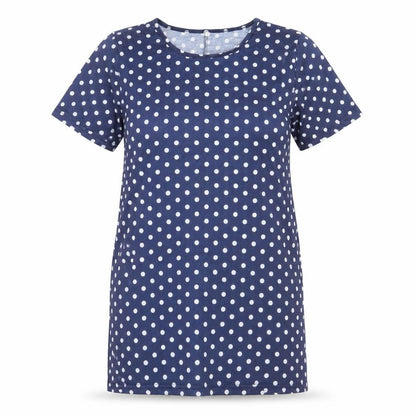 Front view of women’s blue polka dot t-shirt dress, size S