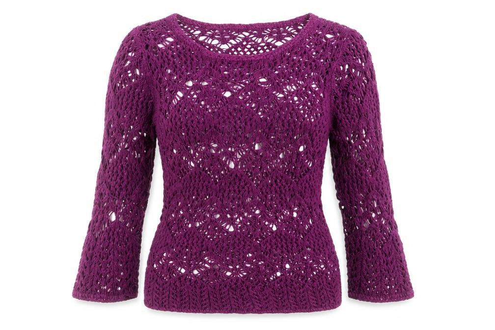 Front view of Coldwater Creek women’s purple geometric knit jumper, size UK 8