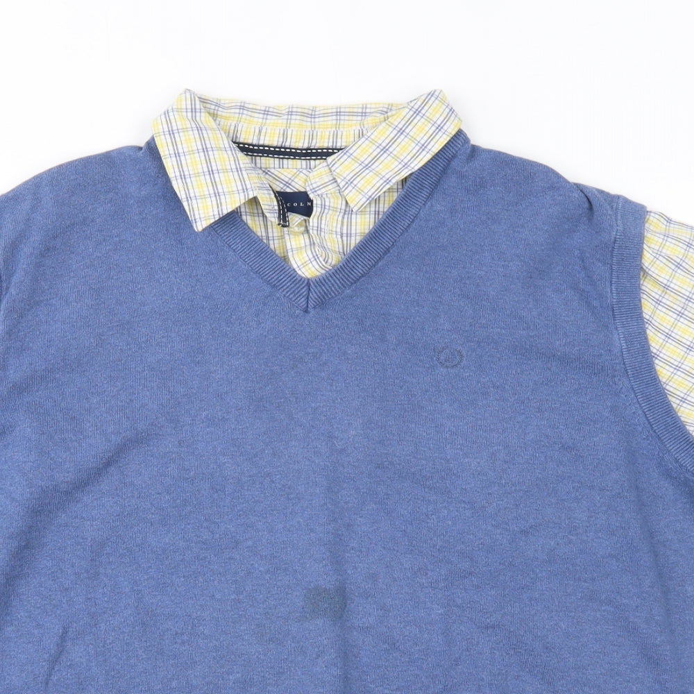 Mens UK Size L Lincoln Blue  Button-Up Short Sleeve Casual Shirt