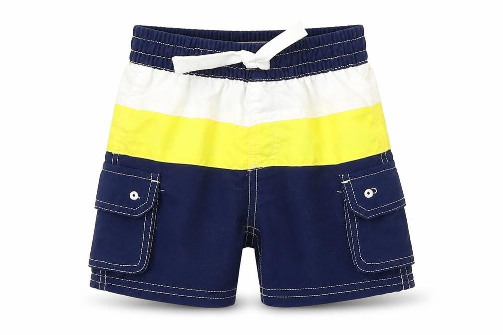 Front view of Mini Club boys’ multicoloured striped cropped trousers, size 9-12, months