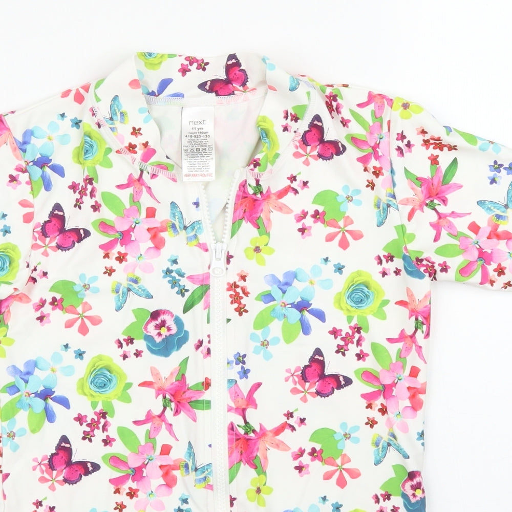 Close-up detail of Next girls’ white floral basic t-shirt, size 11, years