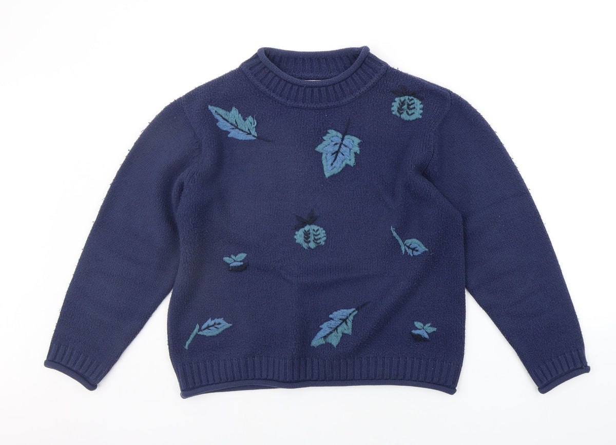 Front view of natural territory women’s blue floral jumper, size M