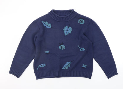 Front view of natural territory women’s blue floral jumper, size M