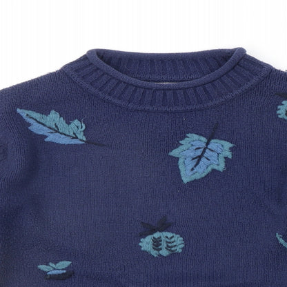 Close-up detail of natural territory women’s blue floral jumper, size M