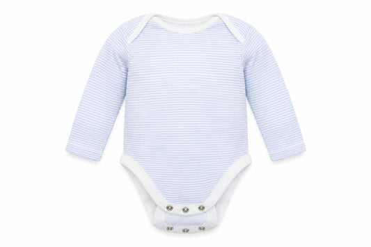 Front view of George Baby Blue Striped Babygrow One-Piece, size 3-6, Months