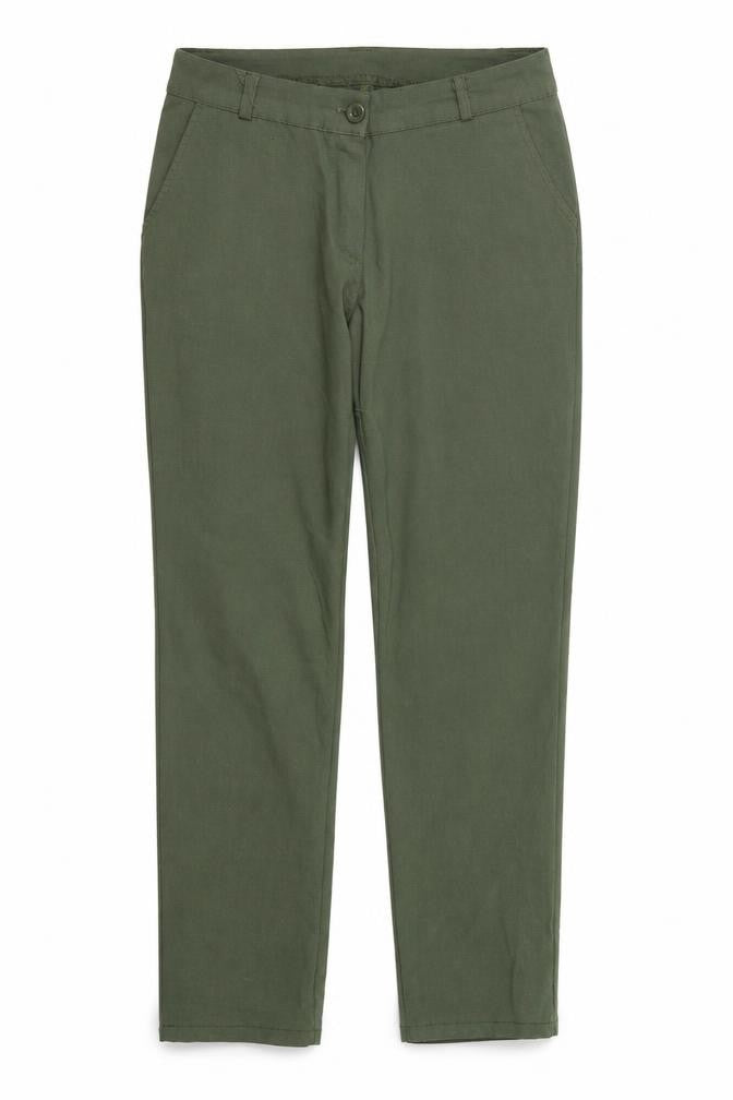 Front view of Preworn women’s green houndstooth trousers, size L, 28-inch leg