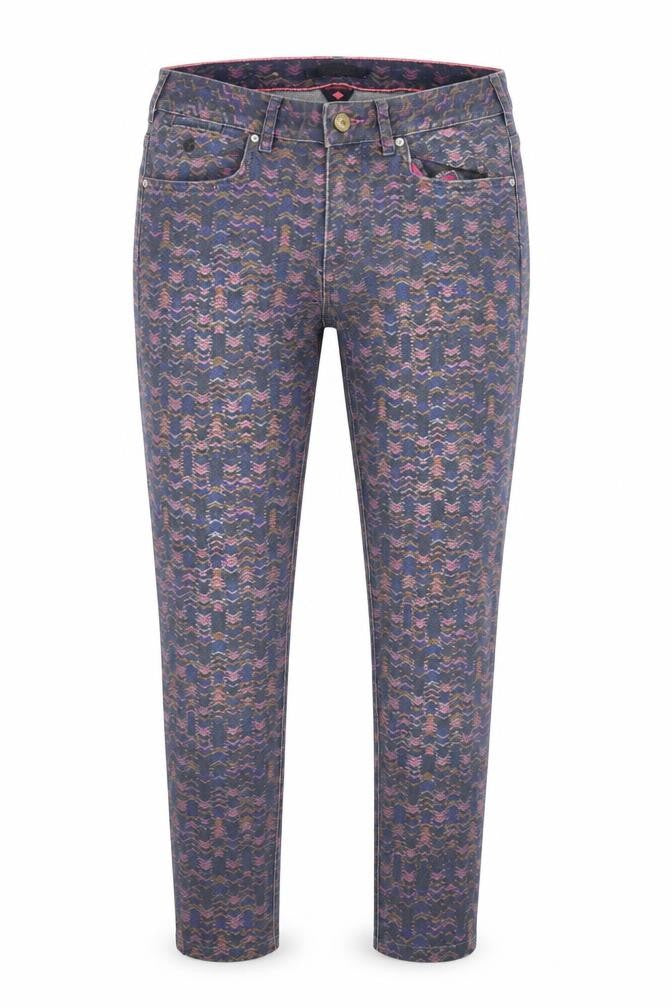 Front view of Maison Scotch women’s multicoloured geometric denim skinny jeans, size UK 31, 27-inch leg