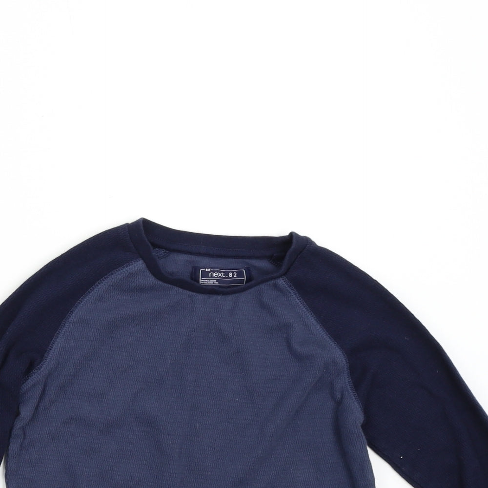 Close-up detail of Next boys’ blue pullover sweatshirt, size 5, years
