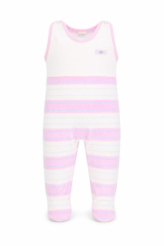 Front view of Nicky Velours Baby Pink Striped Babygrow One-Piece, size 3-6, Months