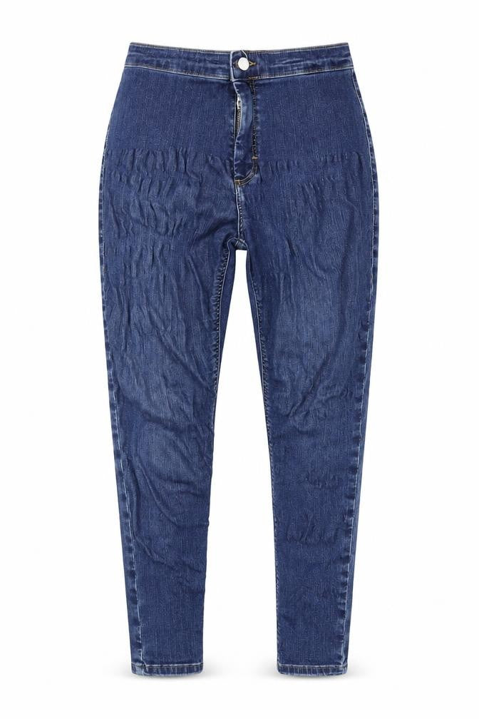 Front view of Topshop women’s blue denim skinny jeans, size UK 32, 30-inch leg