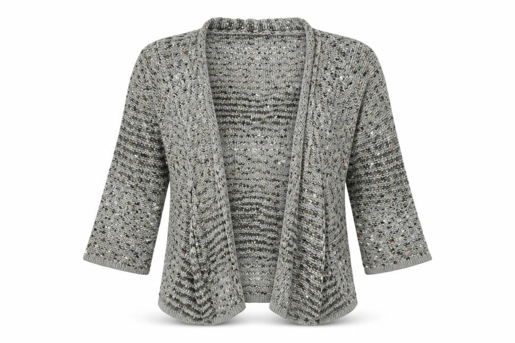 Front view of Angelina women’s grey knit cardigan jumper, size M