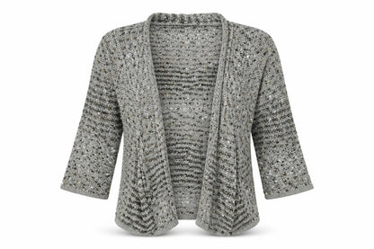 Front view of Angelina women’s grey knit cardigan jumper, size M