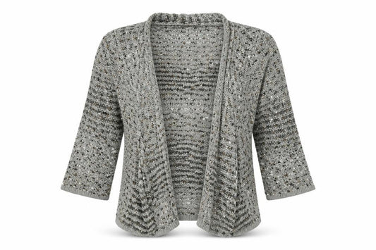 Front view of Angelina women’s grey knit cardigan jumper, size M