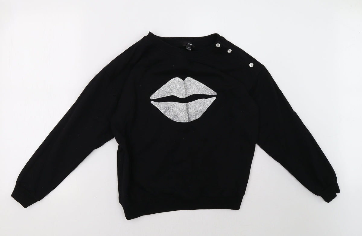 Front view of poor moi women’s black pullover sweatshirt, size UK 10