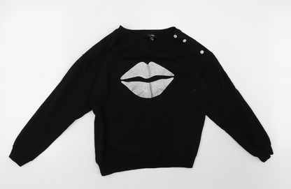 Front view of poor moi women’s black pullover sweatshirt, size UK 10