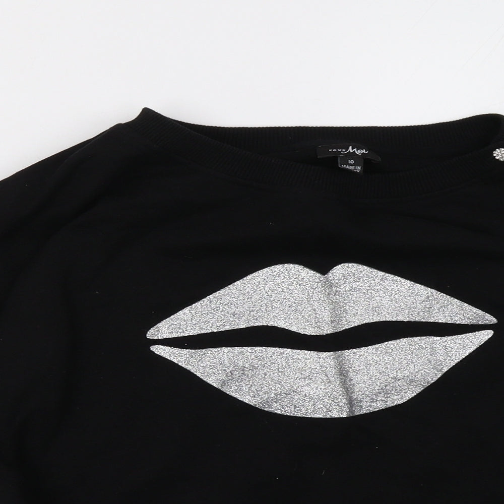 Close-up detail of poor moi women’s black pullover sweatshirt, size UK 10