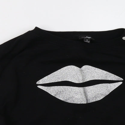 Close-up detail of poor moi women’s black pullover sweatshirt, size UK 10
