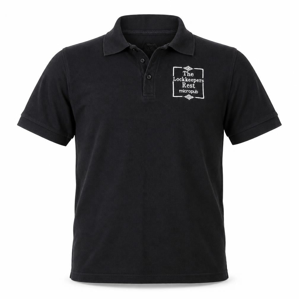 Front view of George men’s black polo, size M, - the lockkeepers rest