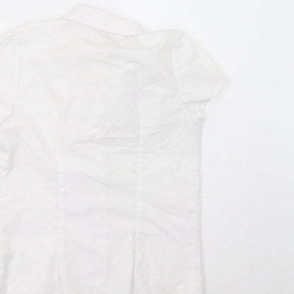 Brand and care label for F&F girls’ white basic button-up, size 9-10, years