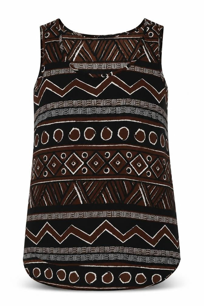 Front view of Get It On women’s black geometric basic tank, size M