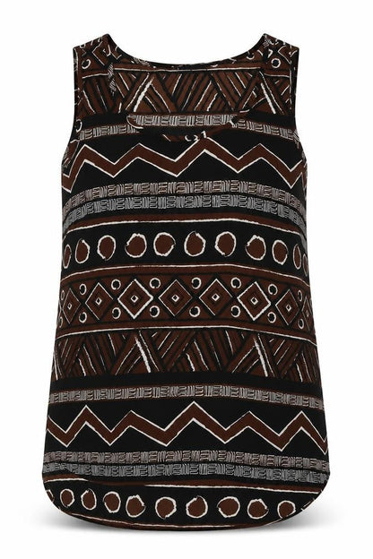 Front view of Get It On women’s black geometric basic tank, size M