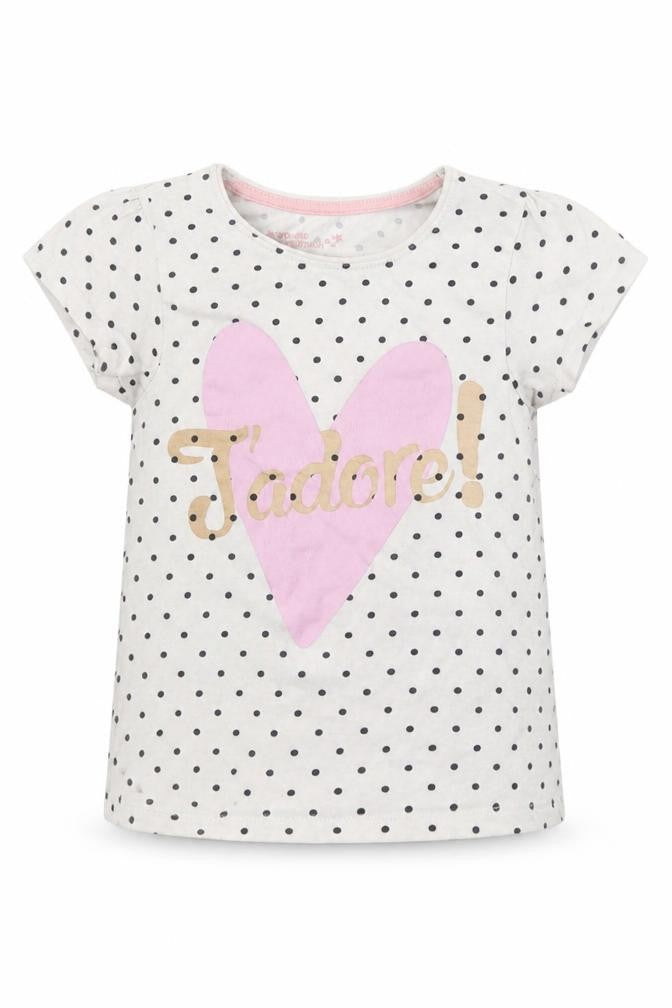 Front view of Primark girls’ white polka dot basic t-shirt, size 4-5, years - j'adore