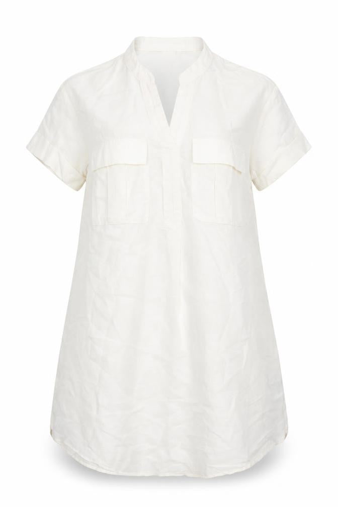 Front view of H&M women’s ivory a-line, size UK 8, - linen look dress