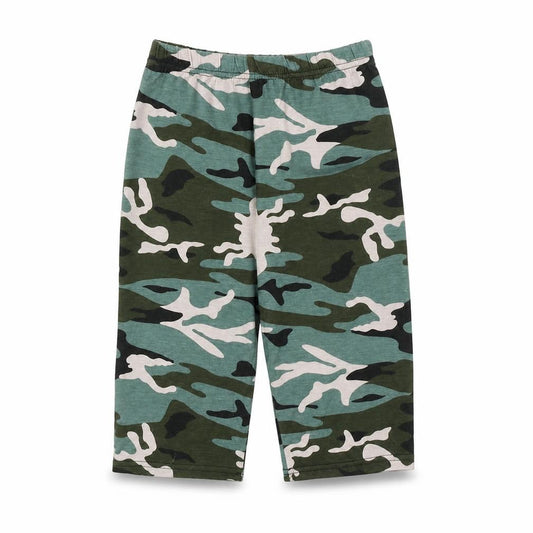 Front view of PRETTYLITTLETHING women’s green camouflage cropped leggings, size UK 4