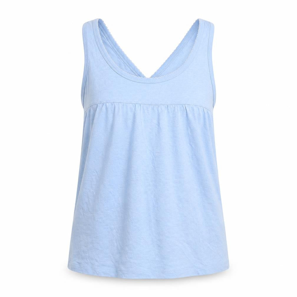 Front view of Powder Room women’s blue basic tank, size M