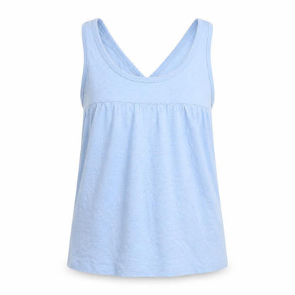 Front view of Powder Room women’s blue basic tank, size M