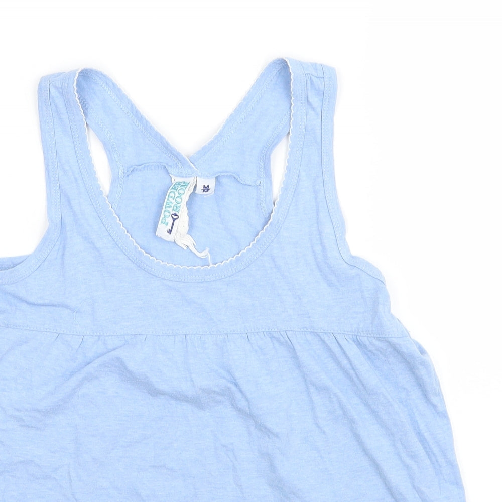 Close-up detail of Powder Room women’s blue basic tank, size M