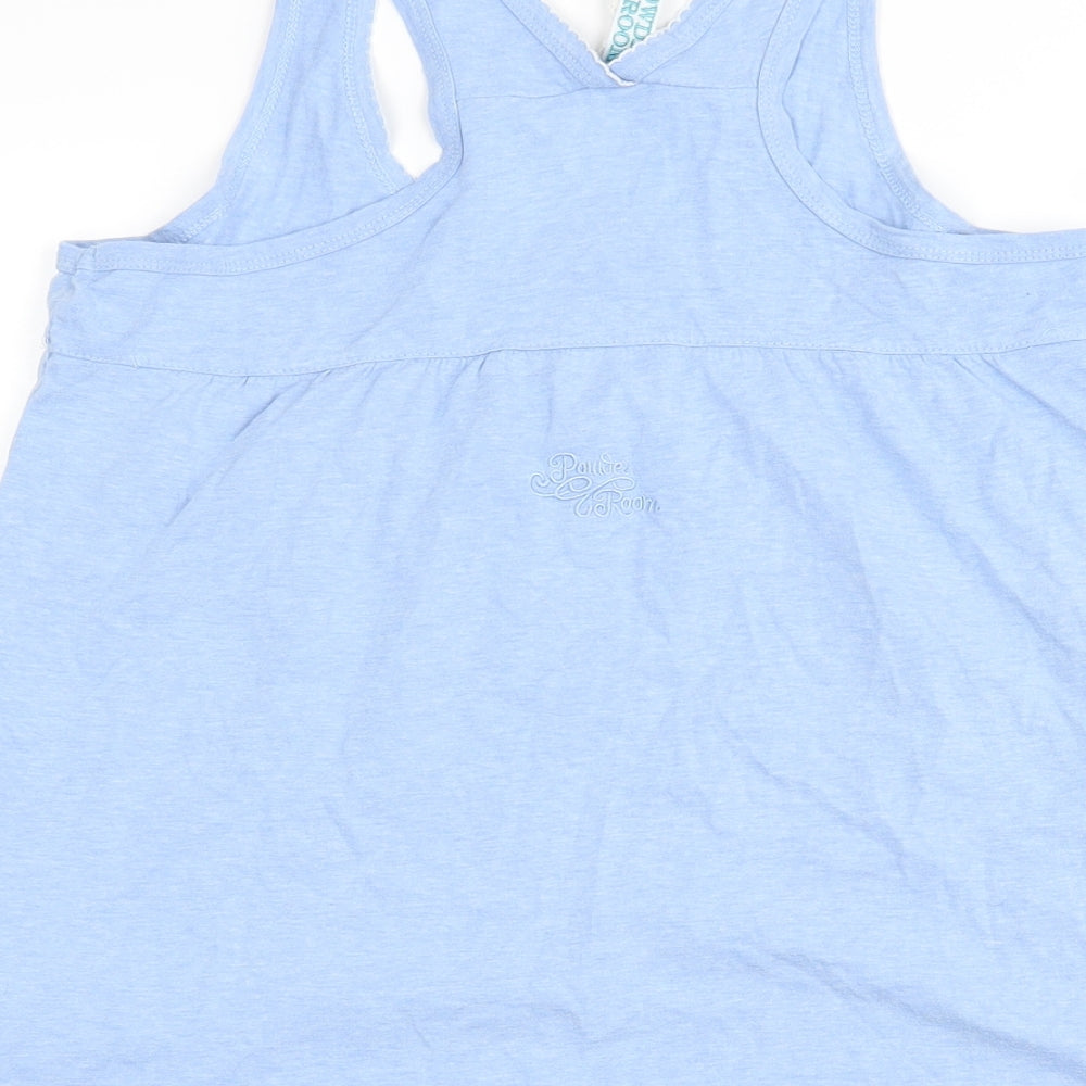 Brand and care label for Powder Room women’s blue basic tank, size M