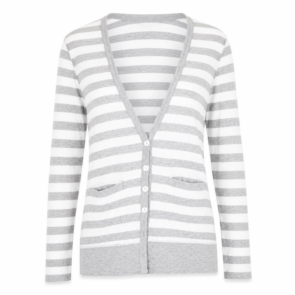 Front view of Denim Co women’s multicoloured striped cardigan jumper, size UK 8