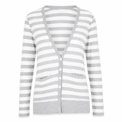 Front view of Denim Co women’s multicoloured striped cardigan jumper, size UK 8