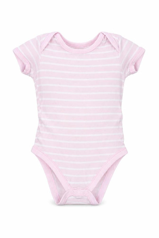 Front view of Matalan girls’ pink striped leotard one-piece, size 12-18, months