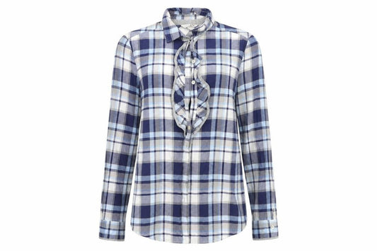 Front view of My Way women’s blue plaid basic button-up, size UK 12