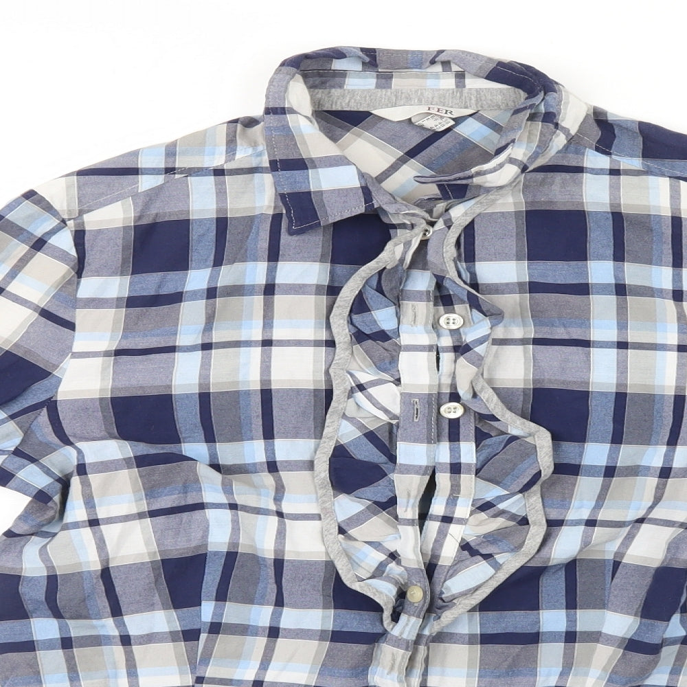 Close-up detail of My Way women’s blue plaid basic button-up, size UK 12