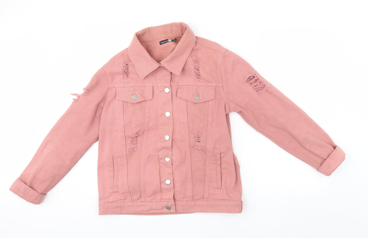 Additional front view of boohoo blue women’s pink jacket, size UK 8, - distressed