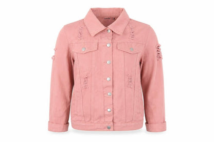 Front view of boohoo blue women’s pink jacket, size UK 8, - distressed