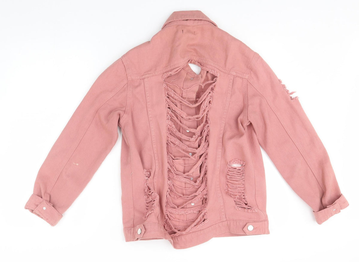 Back view of boohoo blue women’s pink jacket, size UK 8, - distressed