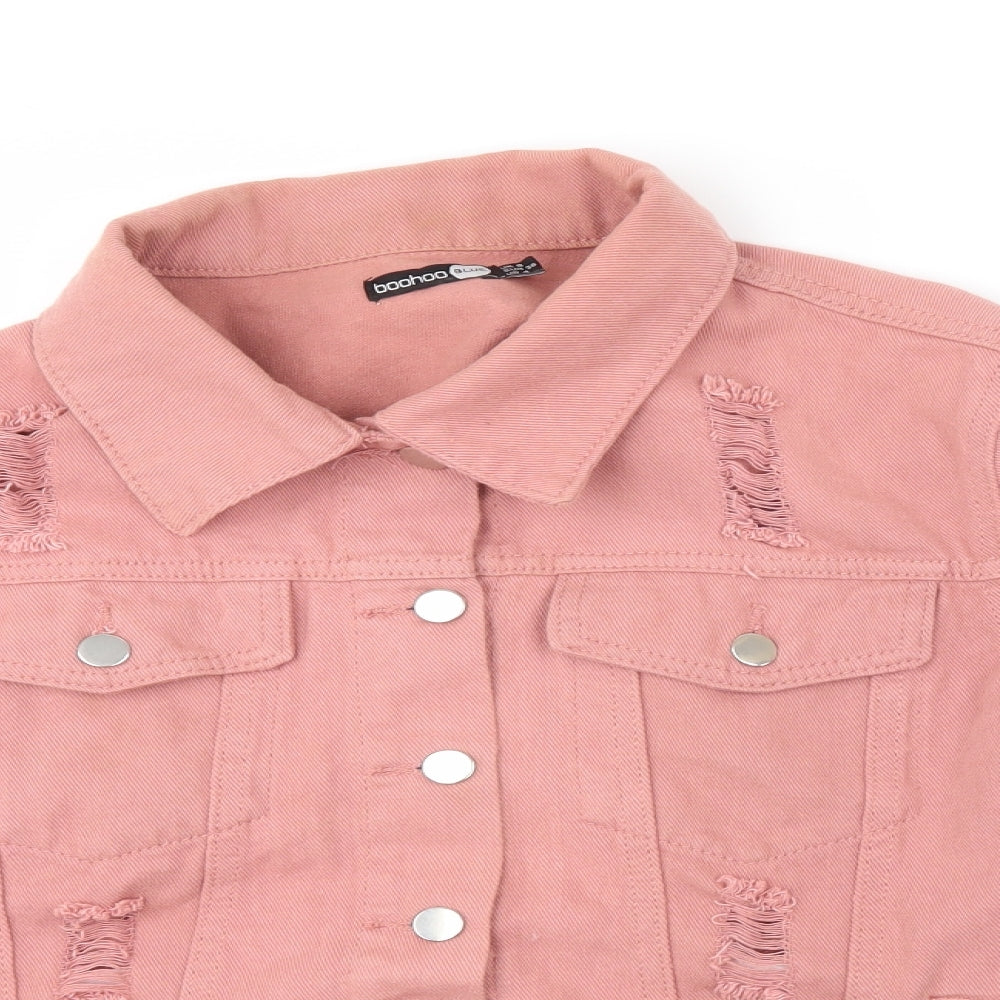 Close-up detail of boohoo blue women’s pink jacket, size UK 8, - distressed