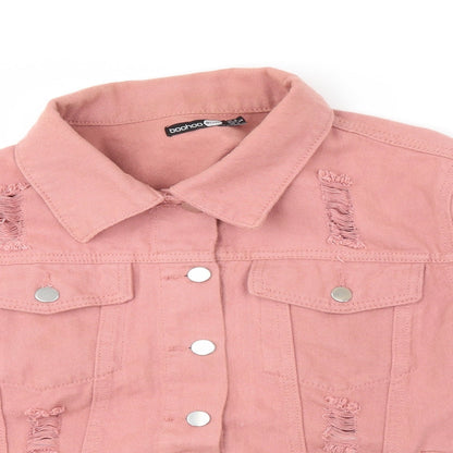 Close-up detail of boohoo blue women’s pink jacket, size UK 8, - distressed