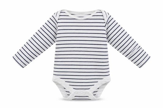 Front view of F&F Baby White Striped Babygrow One-Piece, size 0-3, Months