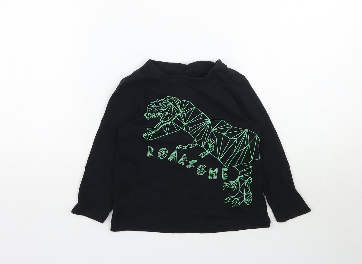 Front view of Primark boys’ black basic t-shirt, size 2-3, years - dinosaur roarsome