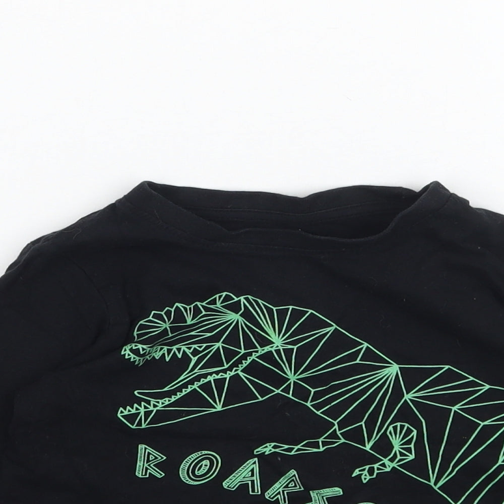 Close-up detail of Primark boys’ black basic t-shirt, size 2-3, years - dinosaur roarsome