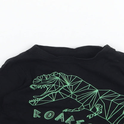 Close-up detail of Primark boys’ black basic t-shirt, size 2-3, years - dinosaur roarsome