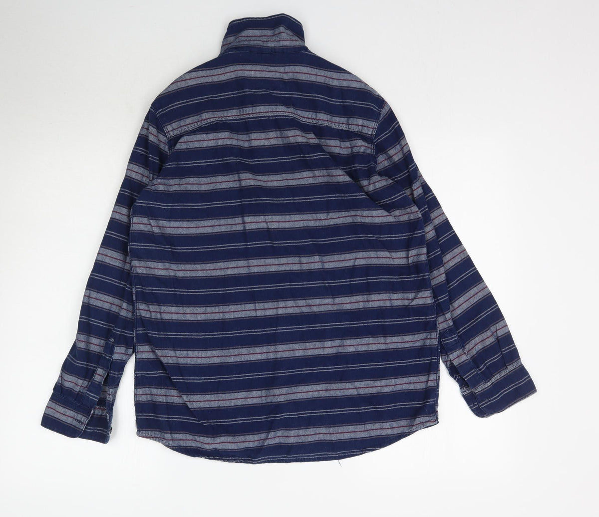 Back view of Topshop women’s blue striped pullover sweatshirt, size UK 8