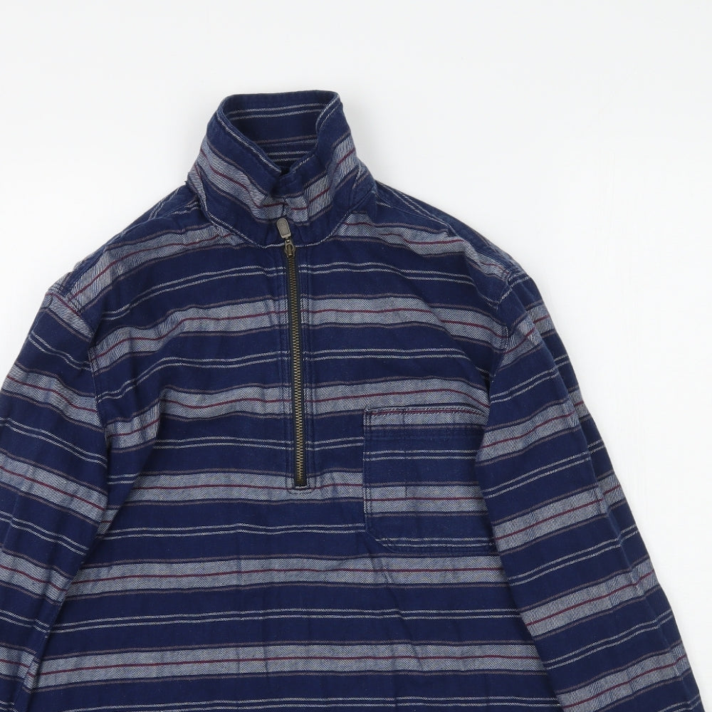 Close-up detail of Topshop women’s blue striped pullover sweatshirt, size UK 8