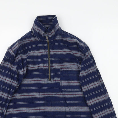 Close-up detail of Topshop women’s blue striped pullover sweatshirt, size UK 8